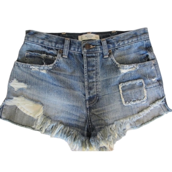 Abercrombie & Fitch the A&F high rise festival distressed jean patch shorts - Picture 1 of 8